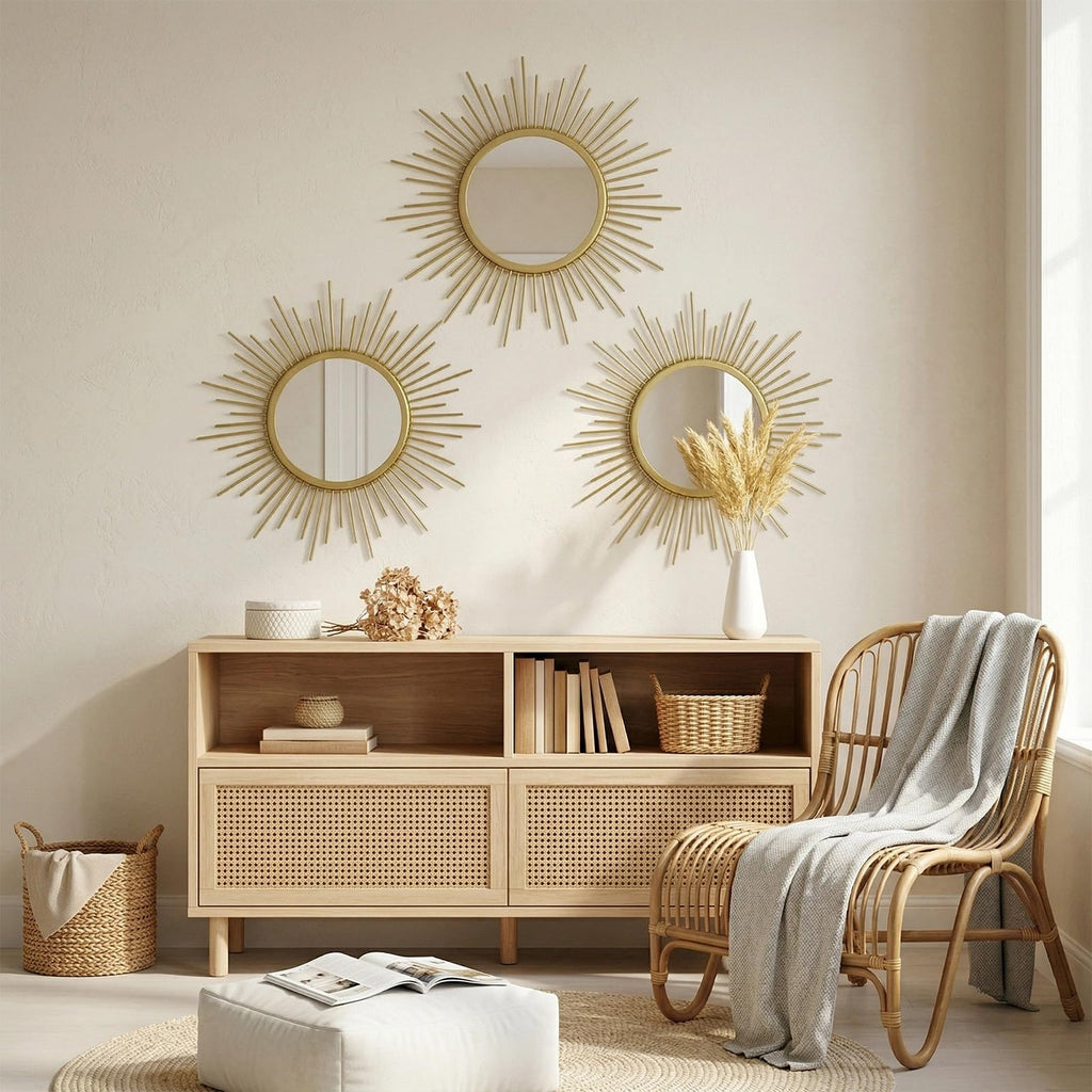 3 Set Sunburst Round Mirrors for Wall Decor Bedroom Bathroom