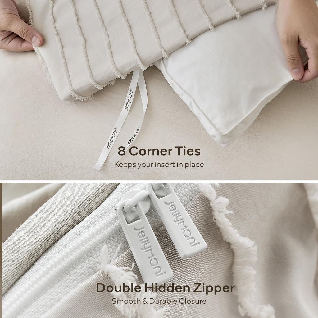 Oatmeal Striped Tufted Duvet Cover Set
