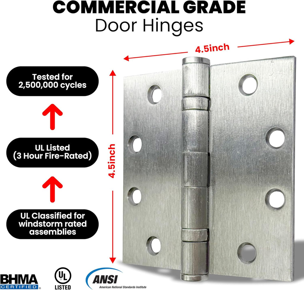 A1 ProGuard 4.5" Heavy Duty Door Hinge, 3 Pack 4.5 x 4.5 Inch Ball Bearing Door Hinges with Square Corners for