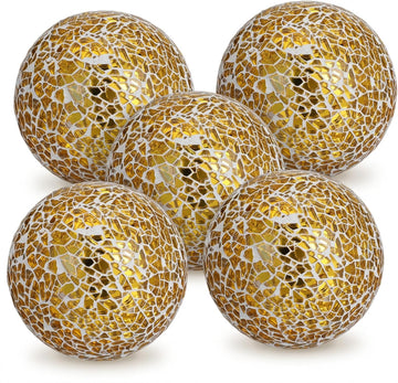 Decorative Balls for Bowls Gold Orbs Glass Balls Mosaic Glass Orbs Centerpiece Ball 3.1 Inch Decor Table Vase - Set of 5