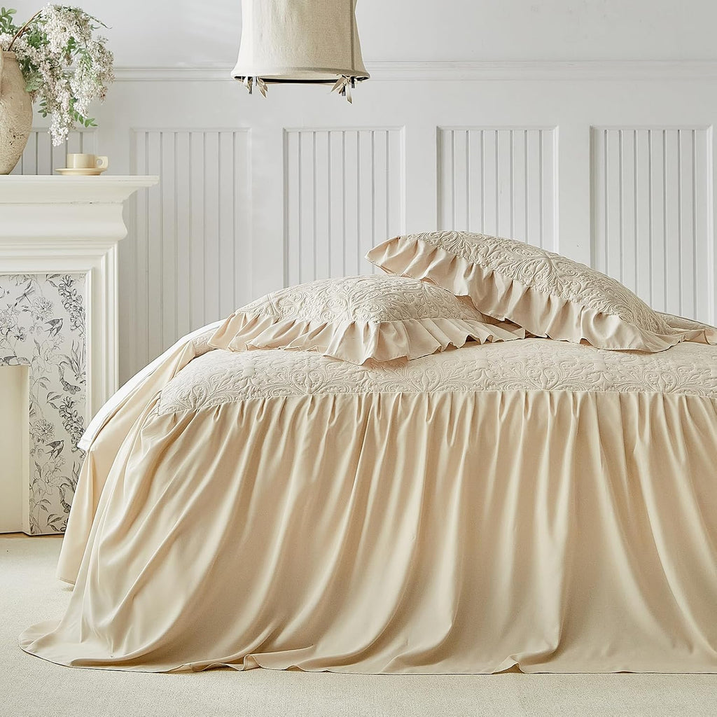 Ruffle Skirt Bedspread Set Floral Design - 30" Long Drop Vintage Cream Chic Ruffled Summer Coverlet Bed Quilt Boho