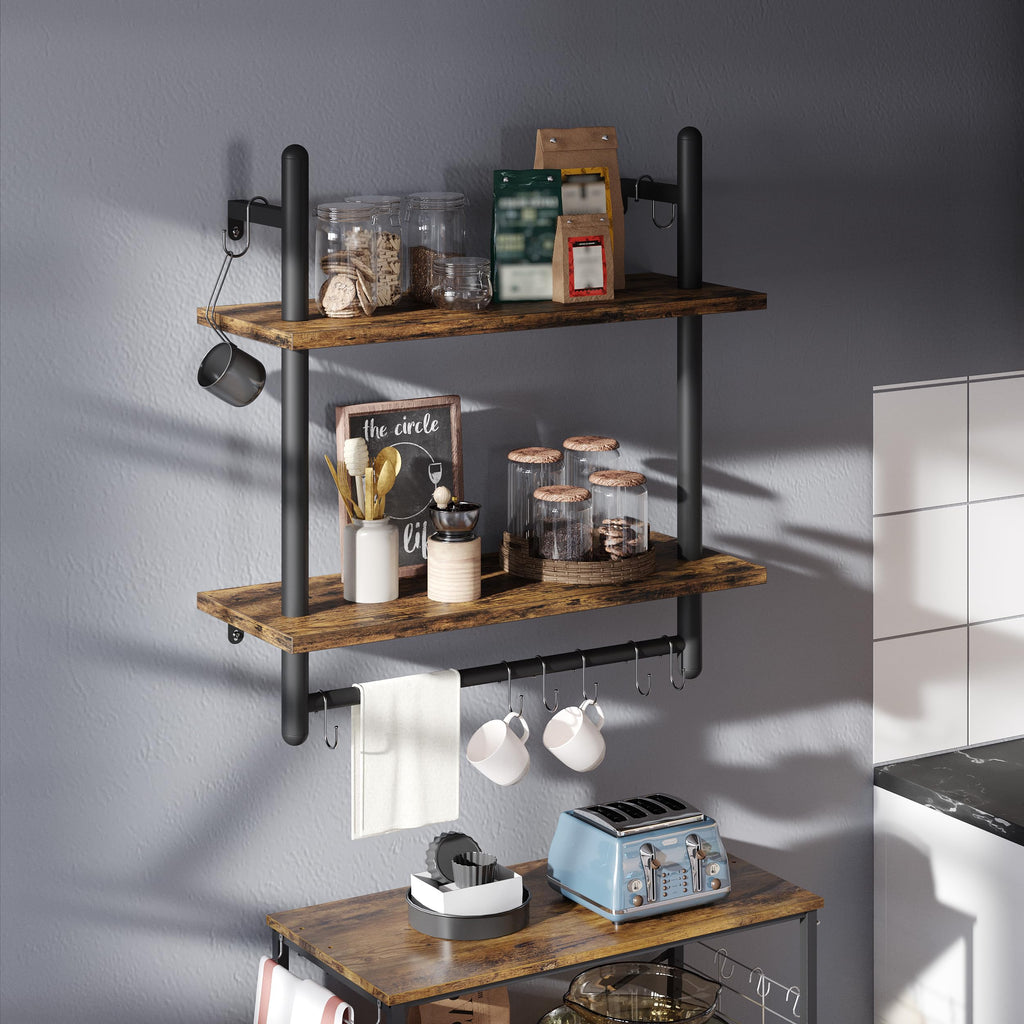 24" 2 Tier Industrial Pipe Wall Shelf with 8 Hooks, Rustic Brown