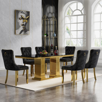 Black Marble Dining Table Set for 6, 68 inch Black Marble Table with Golden Double Column Stainless Steel Base, Faux