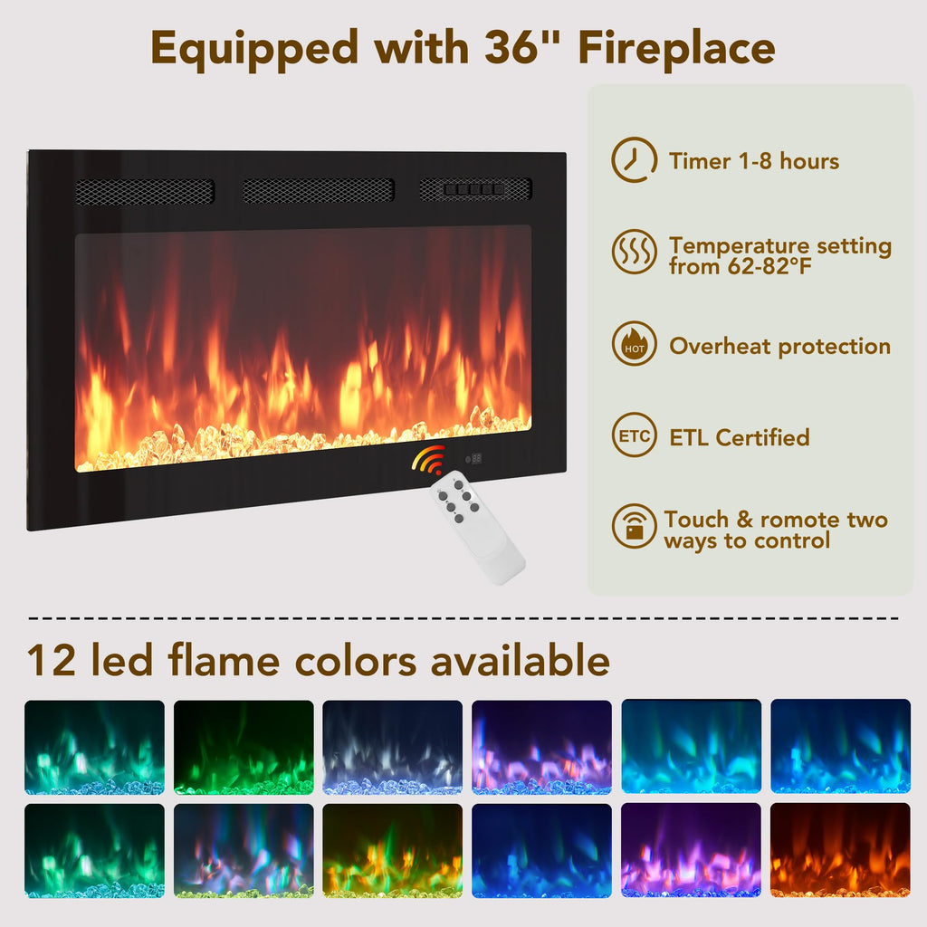 70" Fireplace TV Stand, Fluted Entertainment Center 36" Electric Fireplace for TVs Up to 80", Wood Media Console with