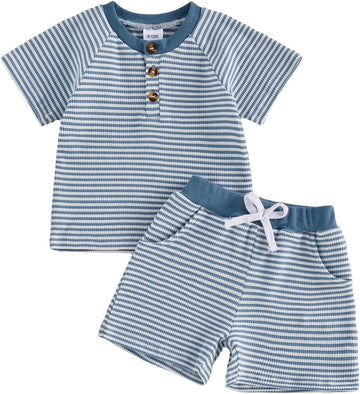 Toddler Baby Boy Clothes 6 12 Summer Outfit Waffle Knitted Stripe Casual T-shirt Tops Shorts Sets