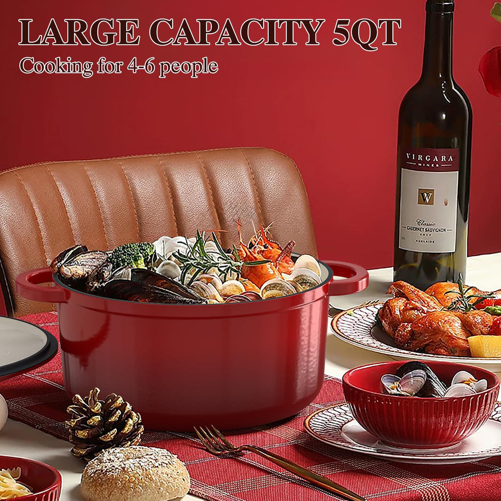Enameled Cast Iron Dutch Oven - 5QT Pot with Lid & Cotton Potholders - Heavy-Duty Cookware for Bread Baking