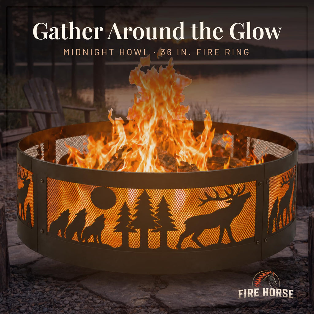 Fire Horse 36 Inch Fire Pit Ring - Heavy Duty Wood Burning Fire Ring Insert - Outdoor Steel Campfire Bonfire Pit