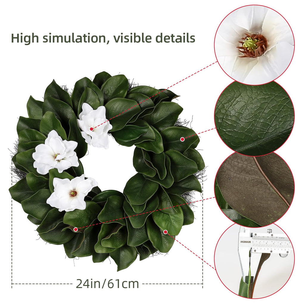 24 Inch Artificial Magnolia Wreaths, Green Leaf with Sash Ribbon