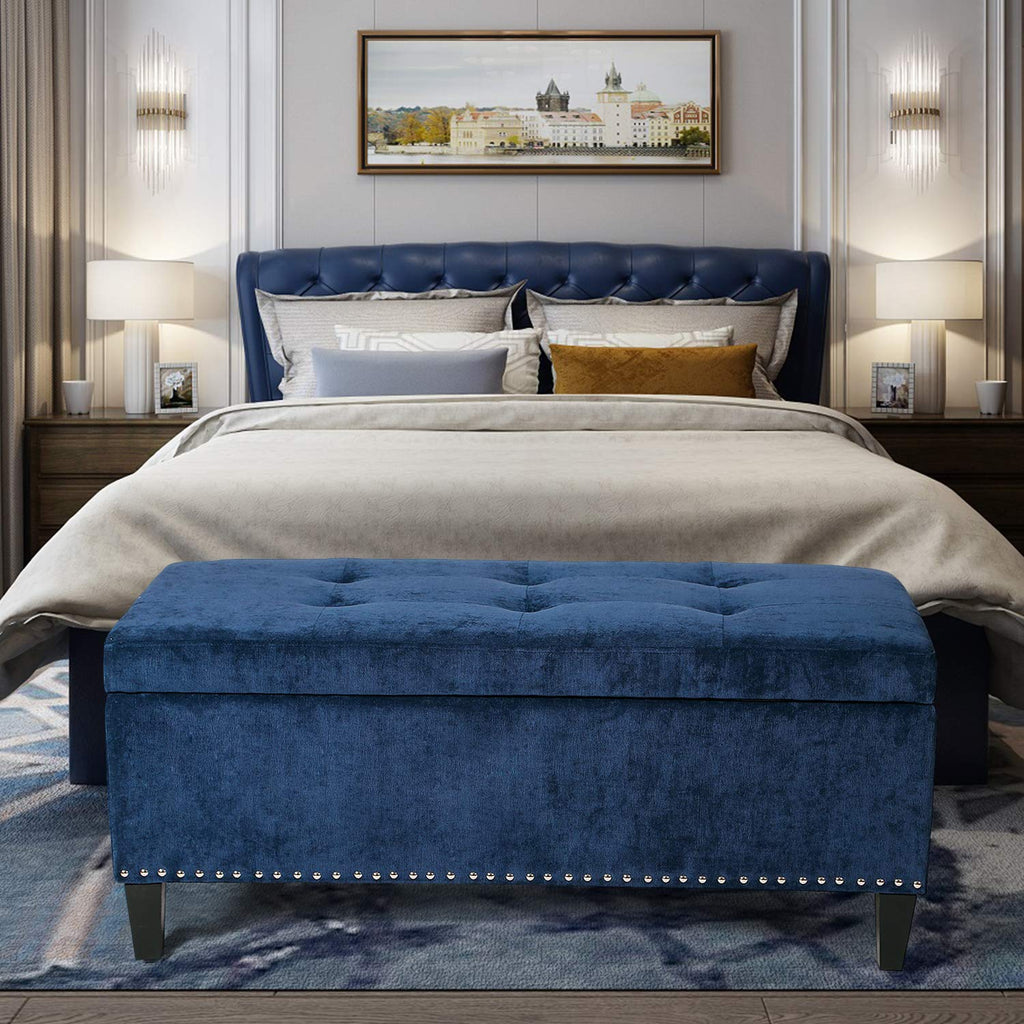 Fabric Lightweight Design Rectangular Tufted Lift Top Storage Bench Footstool with Solid Wood Legs and Nailhead Trim