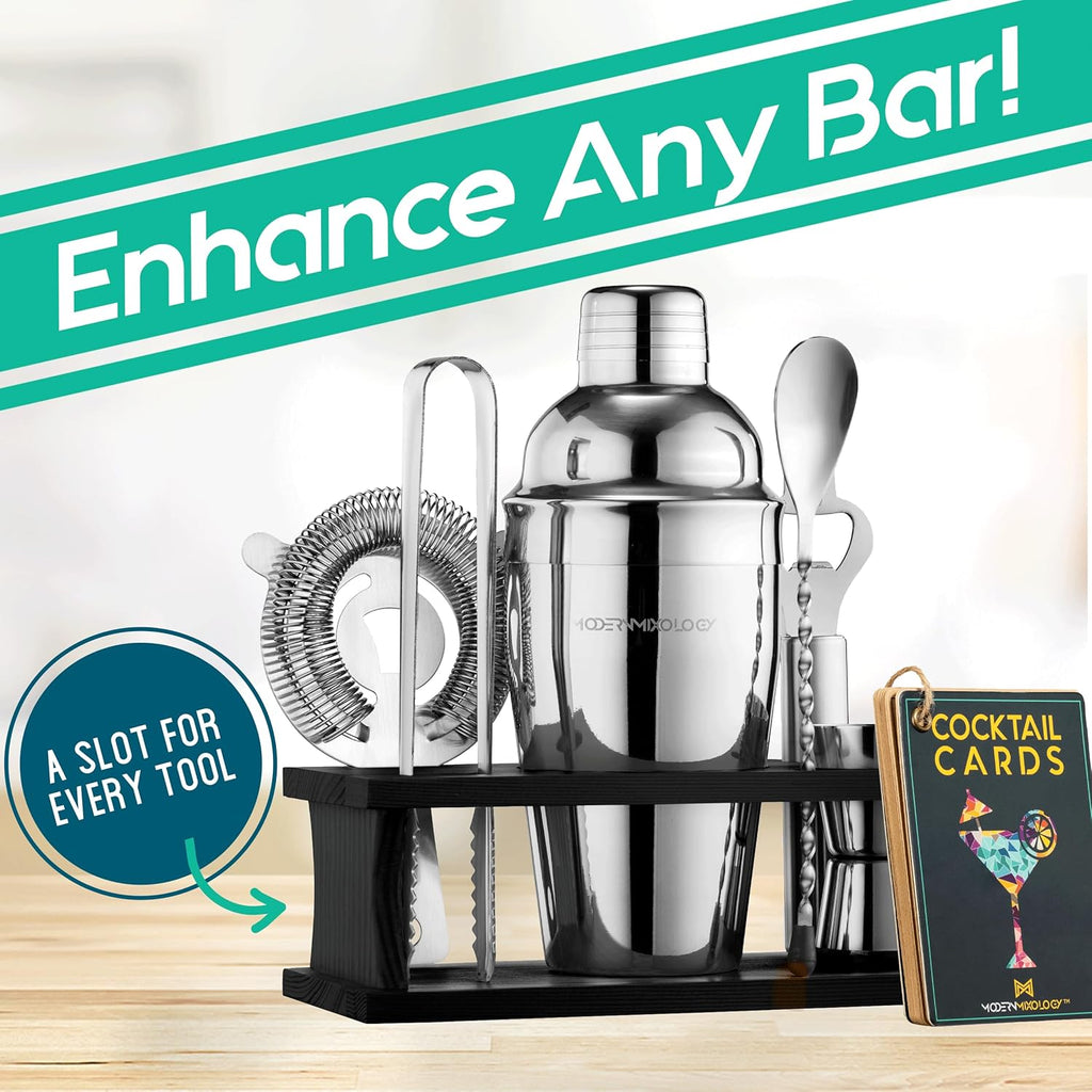 Cocktail Shaker Set - Bartender Kit with Pine Stand | Leak-Proof Design | Includes Martini Shaker, Jigger, Strainer