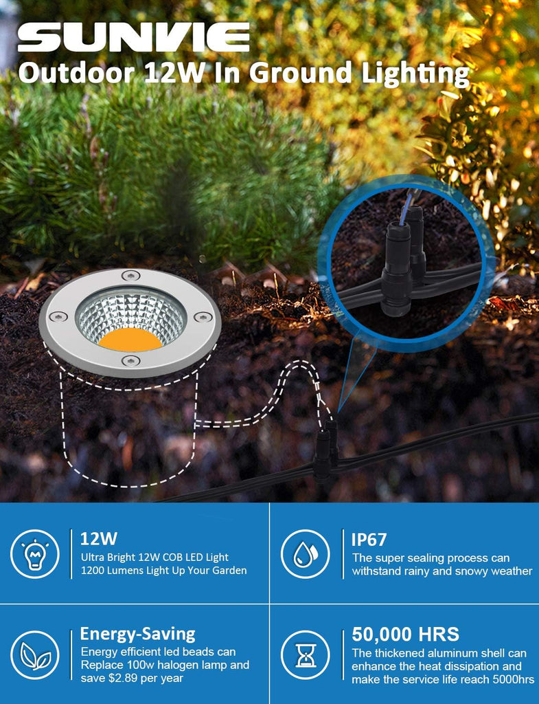 10-Pack 12W LED Low Voltage Landscape Well Lights, Stainless Steel | 12-24V AC/DC, Waterproof, 3000K Warm White