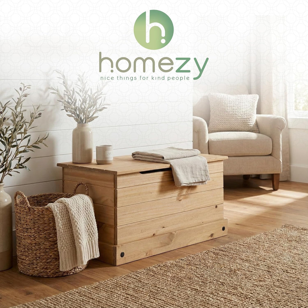 Corona Storage Chest with Lid - Natural Wood Trunk , or Living Room - Safe-Stay Hinged Top for Easy Access