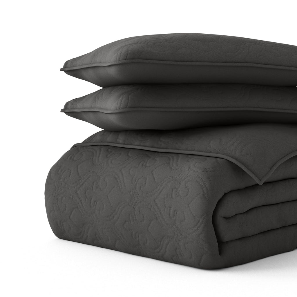 Classic Quilt Coverlet Soft Set in Damask Stitching - King/Cal-King Gray