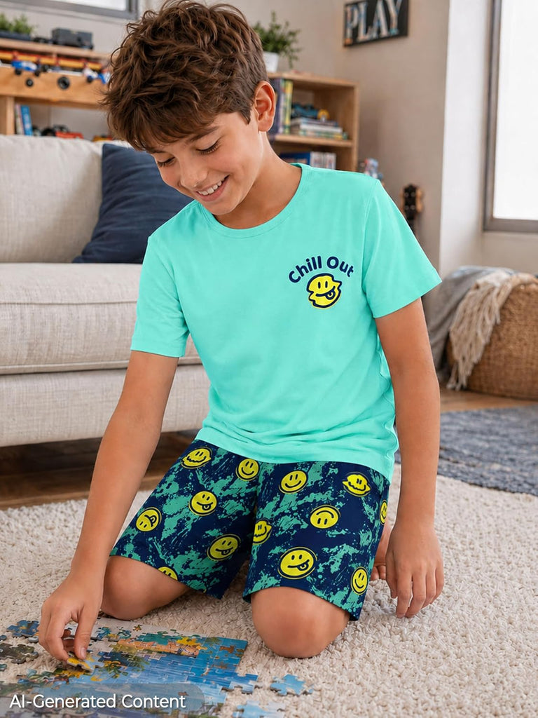Boys Pajamas, Teal & Navy Face Short-Sleeve and Shorts