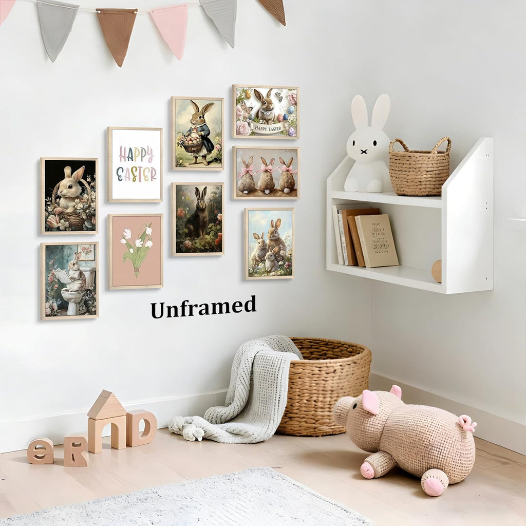 Vintage Easter Bunny Wall Art, Cute Rabbit Canvas Print Prints, Rustic Farmhouse Spring Easter Wall Decor - Set of 9