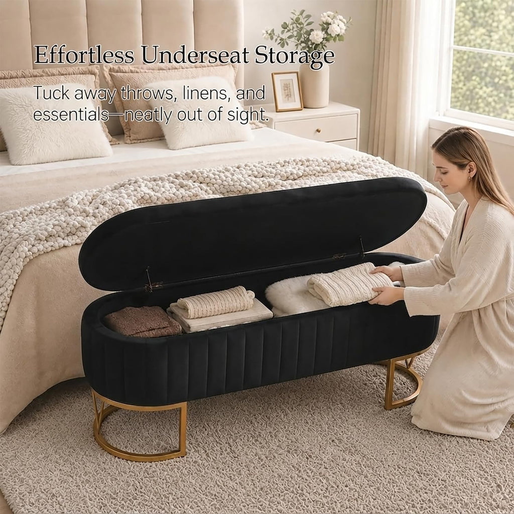 46" Storage Ottoman Bench, Velvet Oval End of Bed Bench Black | Easy 1-Min Assembly, High-Resilience Foam, Large
