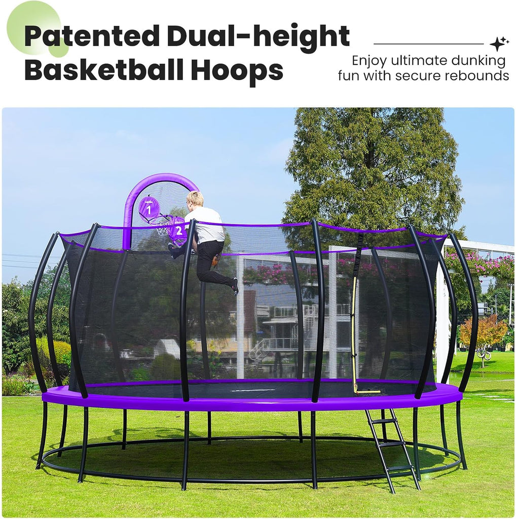 1800LBS Capacity No-Gap Design 16 15 14 12FT Trampoline with Safety Enclosure Net and Non-Slip Ladder 10-Year Quality