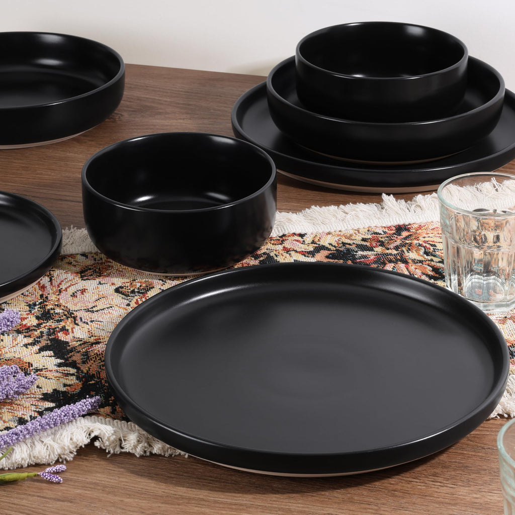 16-Piece Plates and Bowls Set for 4, Stoneware Dinnerware Sets with Pasta Bowl, Dishes Set Restaurant, Frosting Black