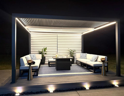 LED Louvered Pergola 94AS 12'x 16' Full Aluminum Frame and Adjustable Roof Integrated Strip Lights for Outdoor Deck Garden Patio Gray Hardtop Gazebo Pergola