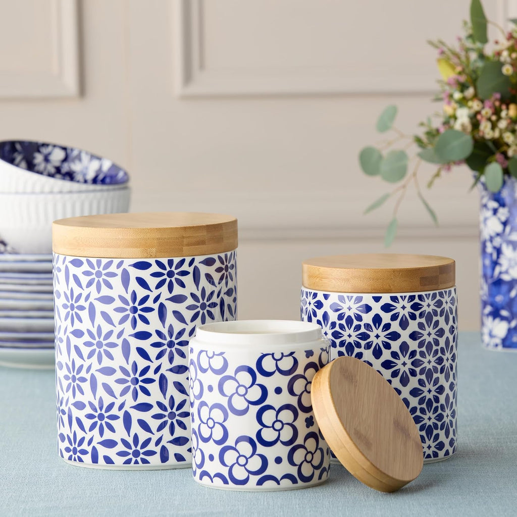 Madison Canister Set - Premium Porcelain with Bamboo Lids, Blue and White Patterns - Large 96 oz, Medium 80 oz - Set of 3