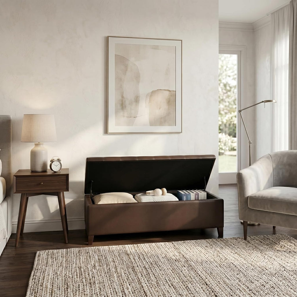 Ottoman with Storage, 51 Inch Large Ottomans Storage Bench | Faux Leather Upholstered End of Bed Bench with Hinged