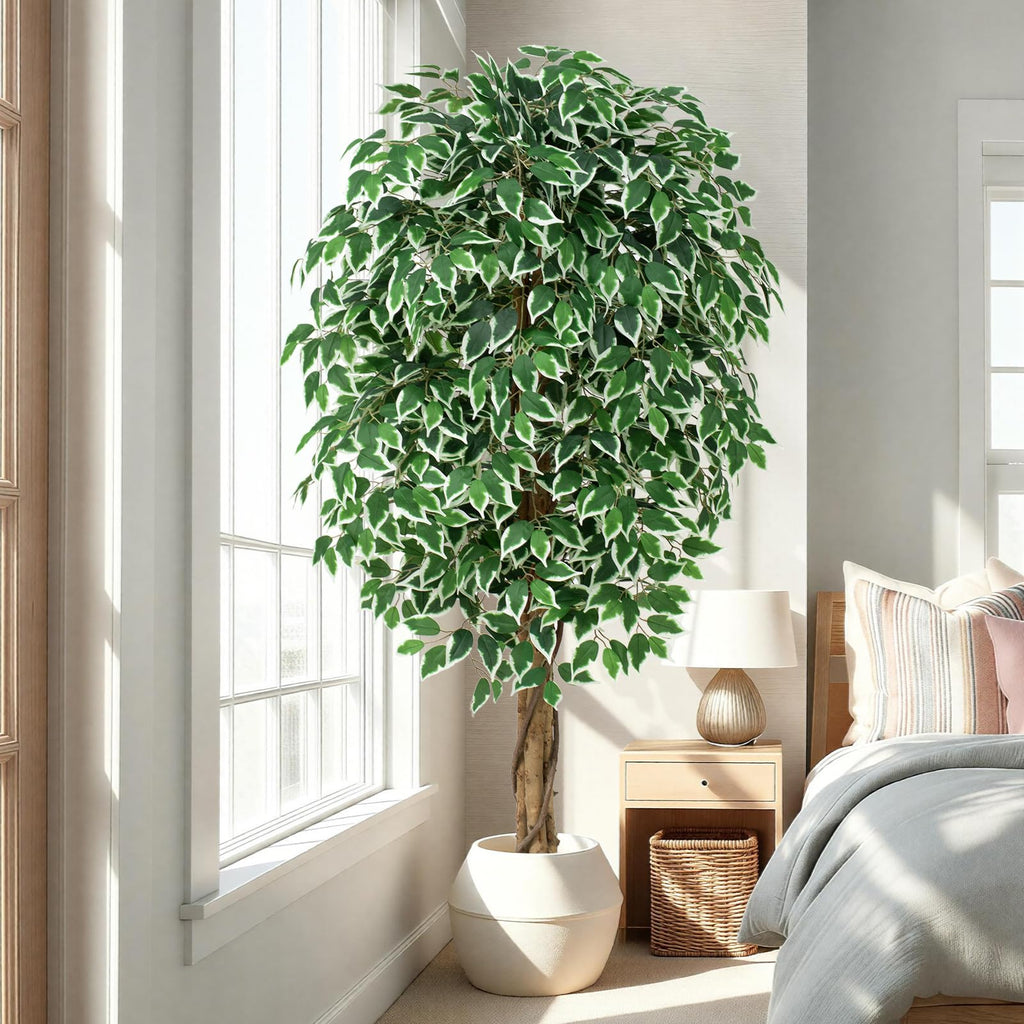 6.2ft Ficus Artificial Trees with 3 Natural Curved Trunks, 74" Tall Lush Faux Tree Decor Indoor, Green Lifelike Fake