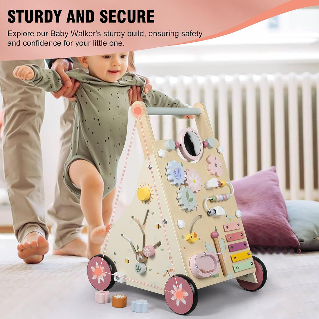 Wooden Baby Walker, Baby Push Walker, Push Walker Toys for Babies Learning to Walk & Sit-to-Stand, with Montessori