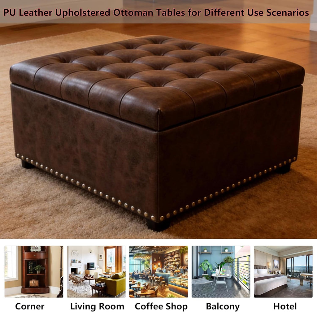 Brown PU Leather Large Square Storage Ottoman with Nailhead Trim ,30" Vintage Faux Leather Upholstered Ottoman Coffee