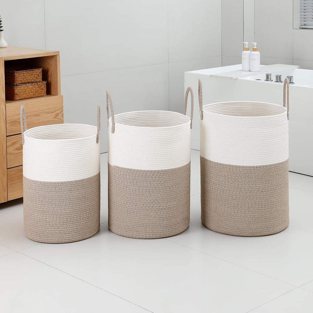 Basket Hamper Tall Rope Storage Woven for Blanket toys Dirty Clothes Bathroom Bedroom (White&Brown, 100L/26.4Gal)