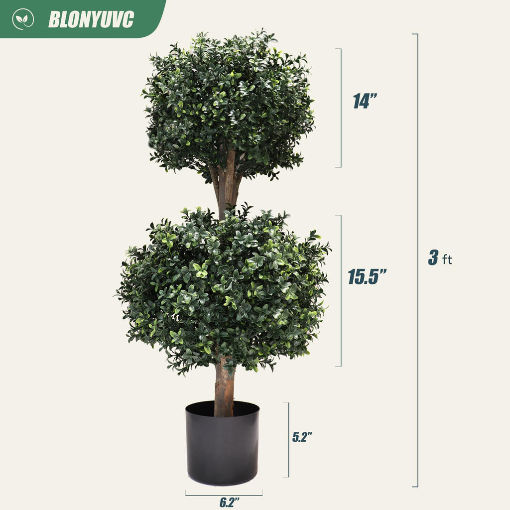 3Ft-35'' Artificial Boxwood Double Ball Topiary Trees, 2PACK Faux Topiaries Tree Store Garden Indoor&Outdoor for Porch