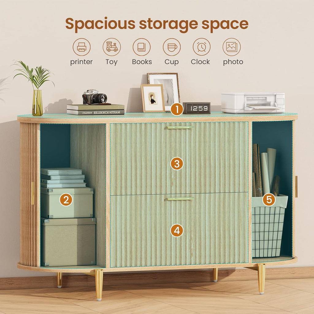 Fluted 2 Drawer File Cabinet with 2 Sliding Door | 39.4" Filing Cabinet ,fit Legal/Letter/A4 Siz,Modern File Cabinet