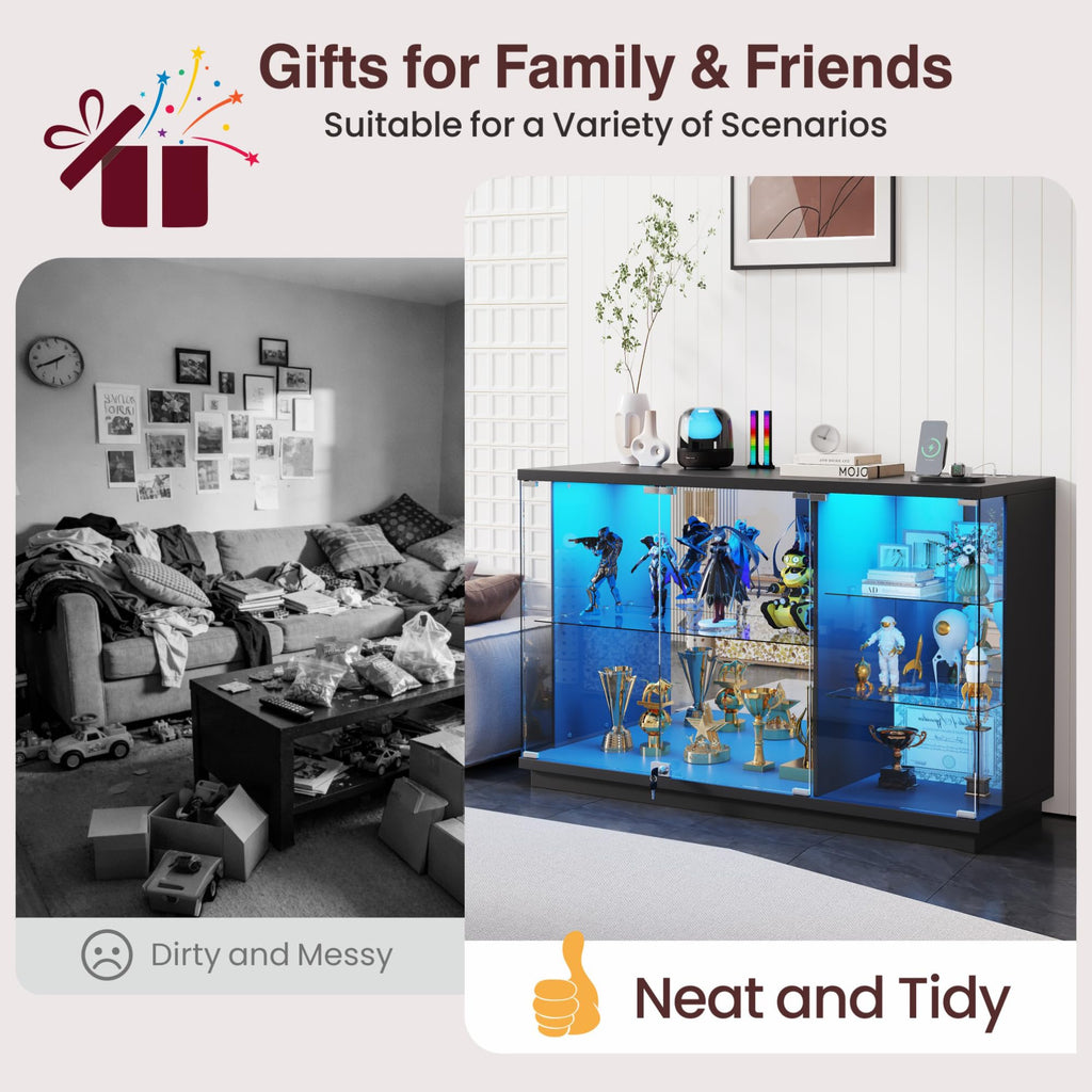 47.2" Lockable Glass Display Cabinet with Sensor & Charging Station, Black