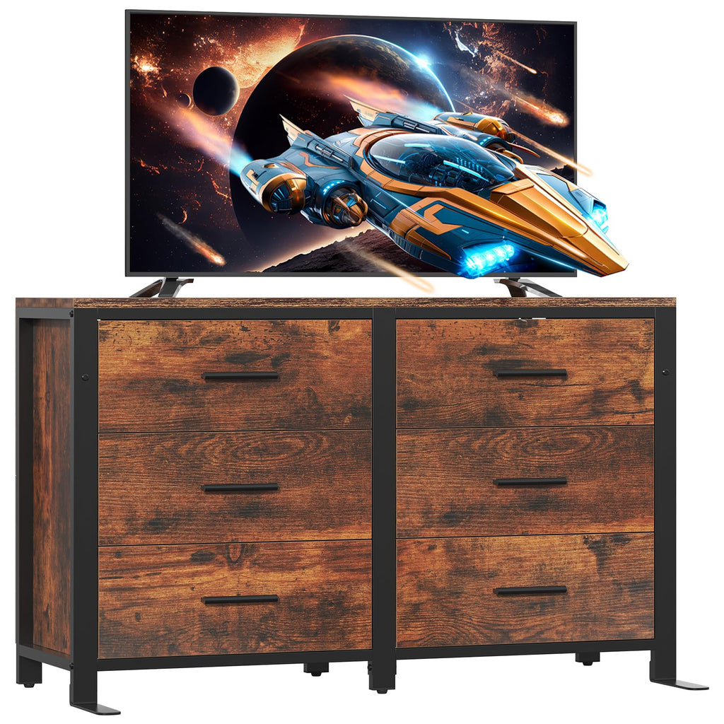 Rustic Brown Dresser, Wide Wood Dressers Furniture with 6 Wooden Drawer and Metal Frame, TV Stand with Deep Drawer