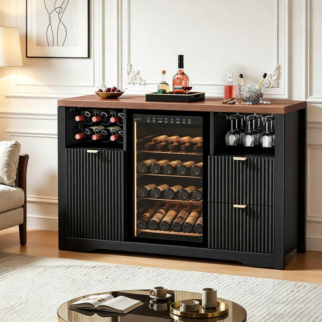 Coffee Bar Cabinet with Mini Fridge Space, 53"Wine Cabinets with Storage | Wood Fluted Liquor Cabinet with Storage