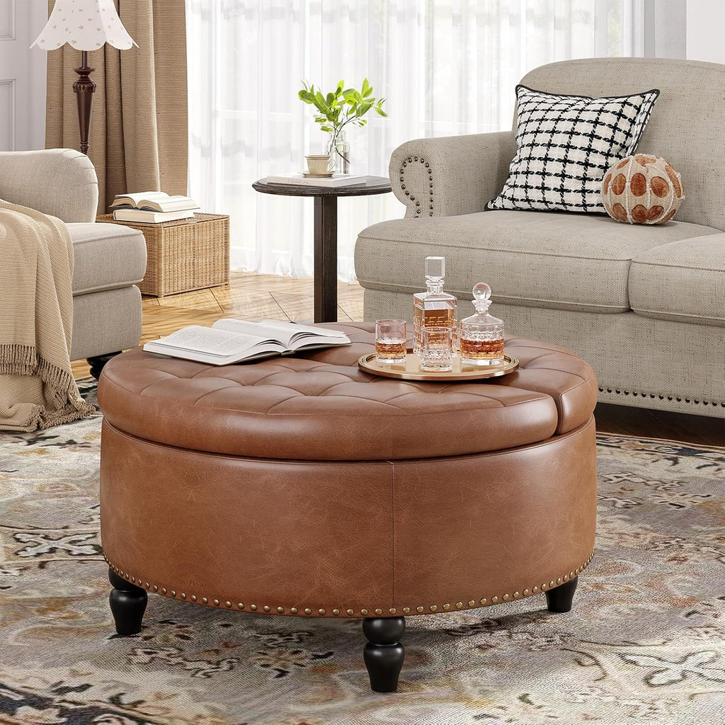 30 Inch Large Round Ottoman with Storage Circular,Brown | Leather Coffee Table with Lift Top,Modern Upholstered