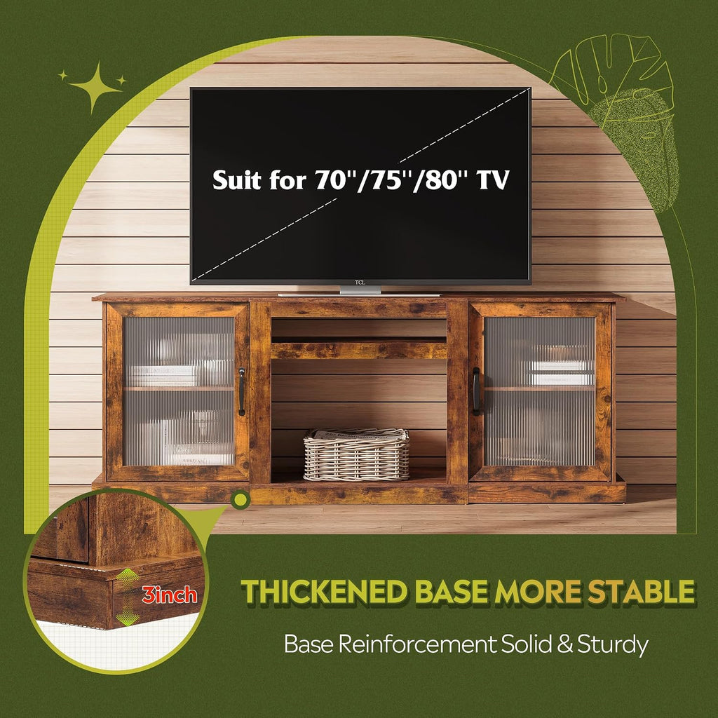 Farmhouse TV Stand for 75 inch TV, Entertainment Center with Storage Cabinets, Mid Century Modern TV Console for