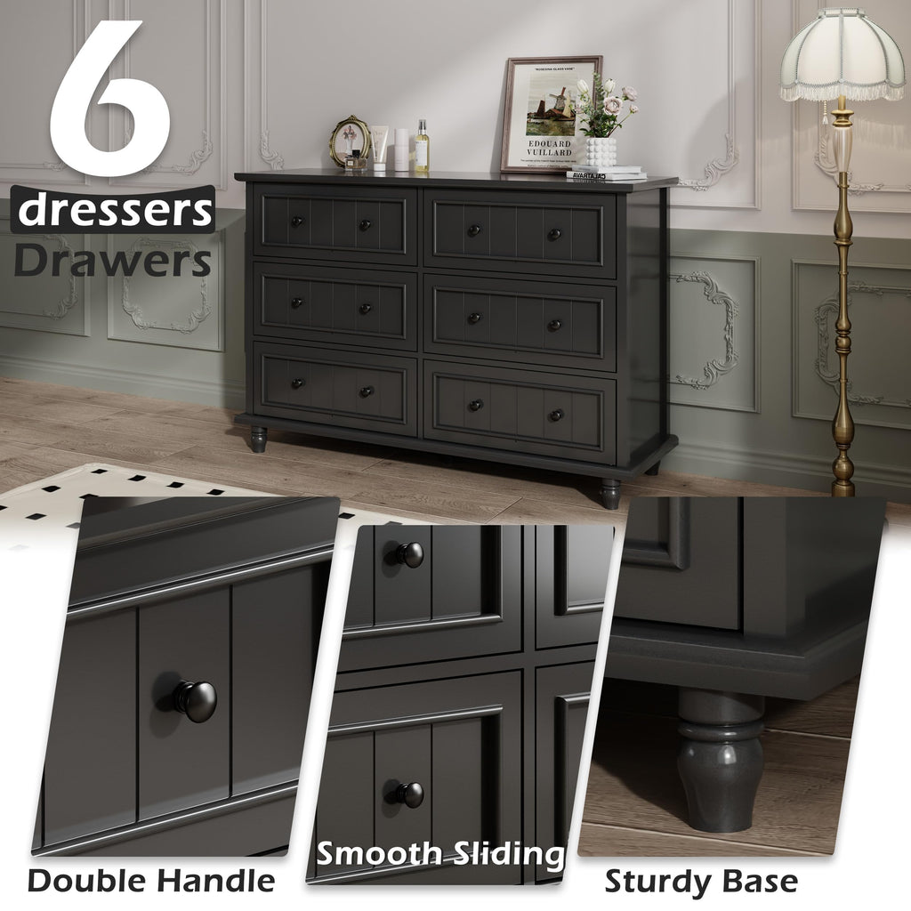 Black 6 Drawer, Vintage Chest of Drawers, 47.2'' Bedroom Cabinet