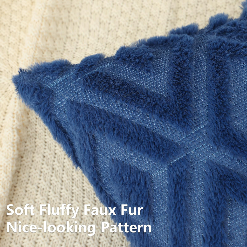 Fall Blue Faux Fur Throw Pillow Covers 22x22 Set of 2