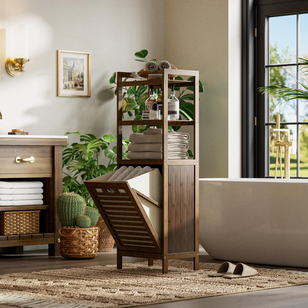 Bamboo Tilt Out Laundry Hamper, Bathroom Storage Cabinet with Hidden Removable Basket and 3 Open Shelves, Space