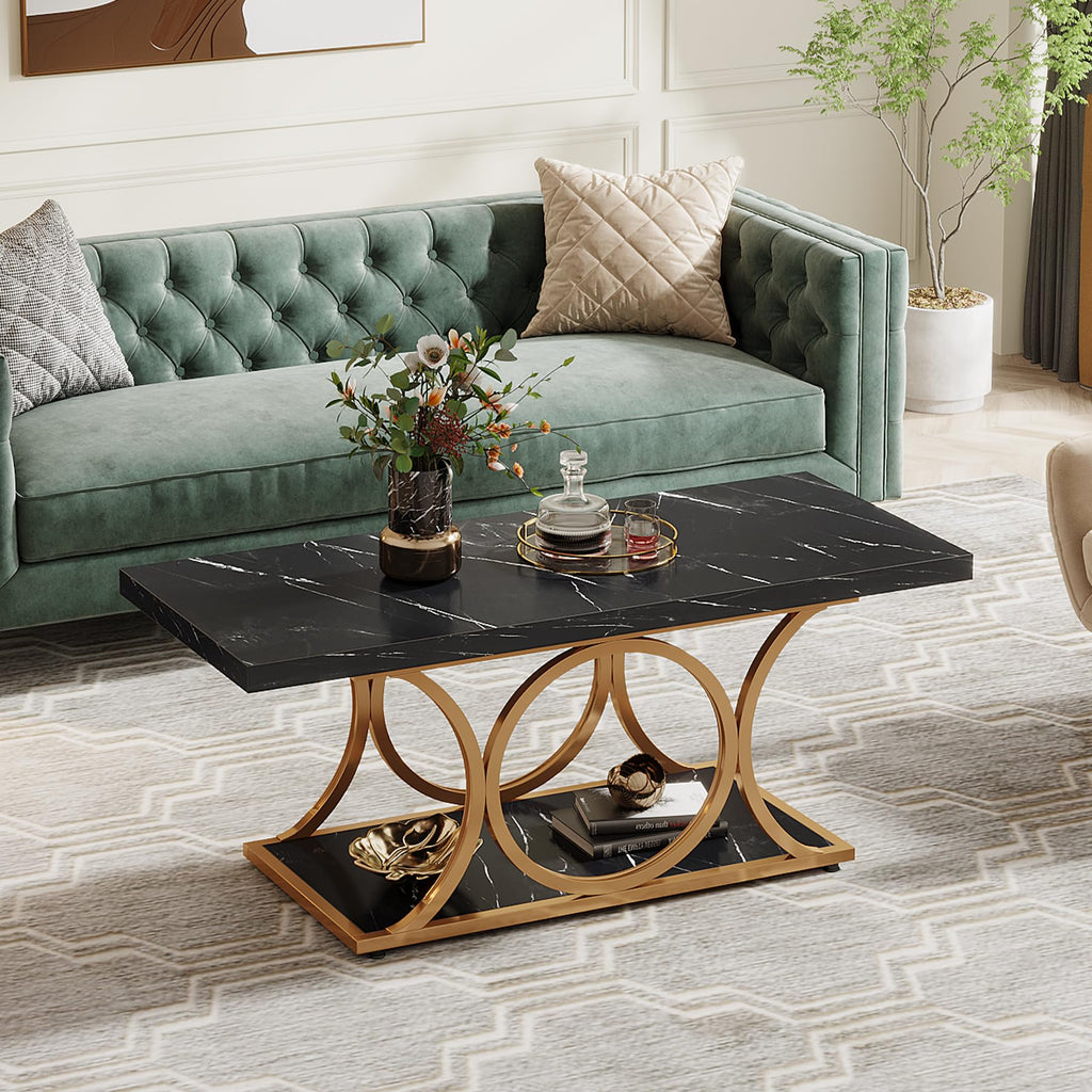 Rectangle Coffee Table, 47.24-inch Modern Coffee Tables, 2-Tier Faux Marble Wood Coffee Table with Geometric Metal