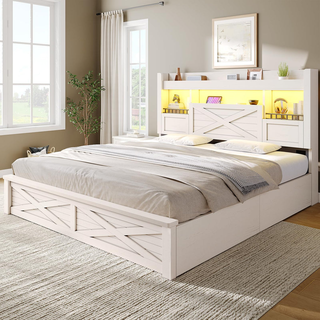 Farmhouse Bed Frame with Flip-Down Bookcase Storage Headboard and 4 Drawers, Rustic Wood Platform Bed Frame
