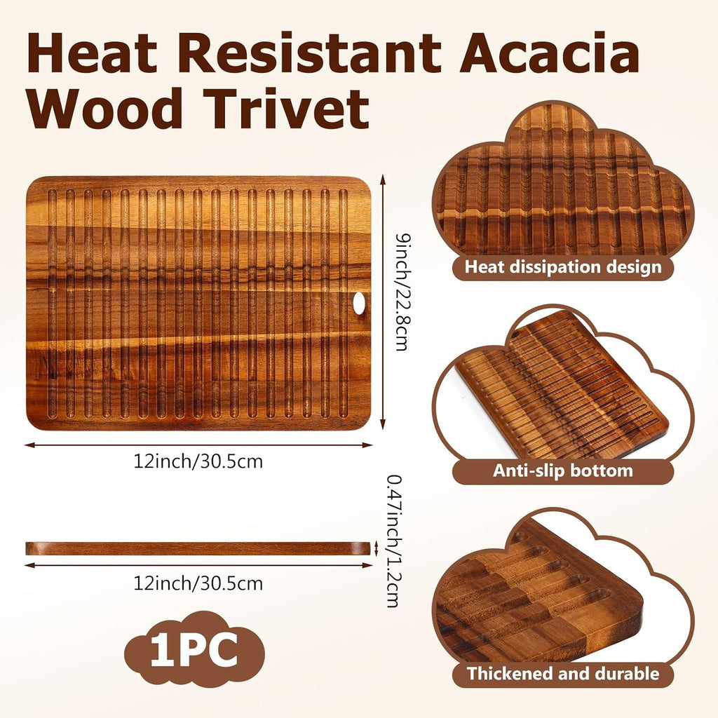 12 x 9 Inches Acacia Wood Trivet Mat Thicken Wooden Hot Pads Trivets Heat Resistant Non Slip Pads for Table