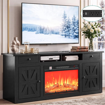 59" TV Stand with Electric Fireplace, Power Strips, Black