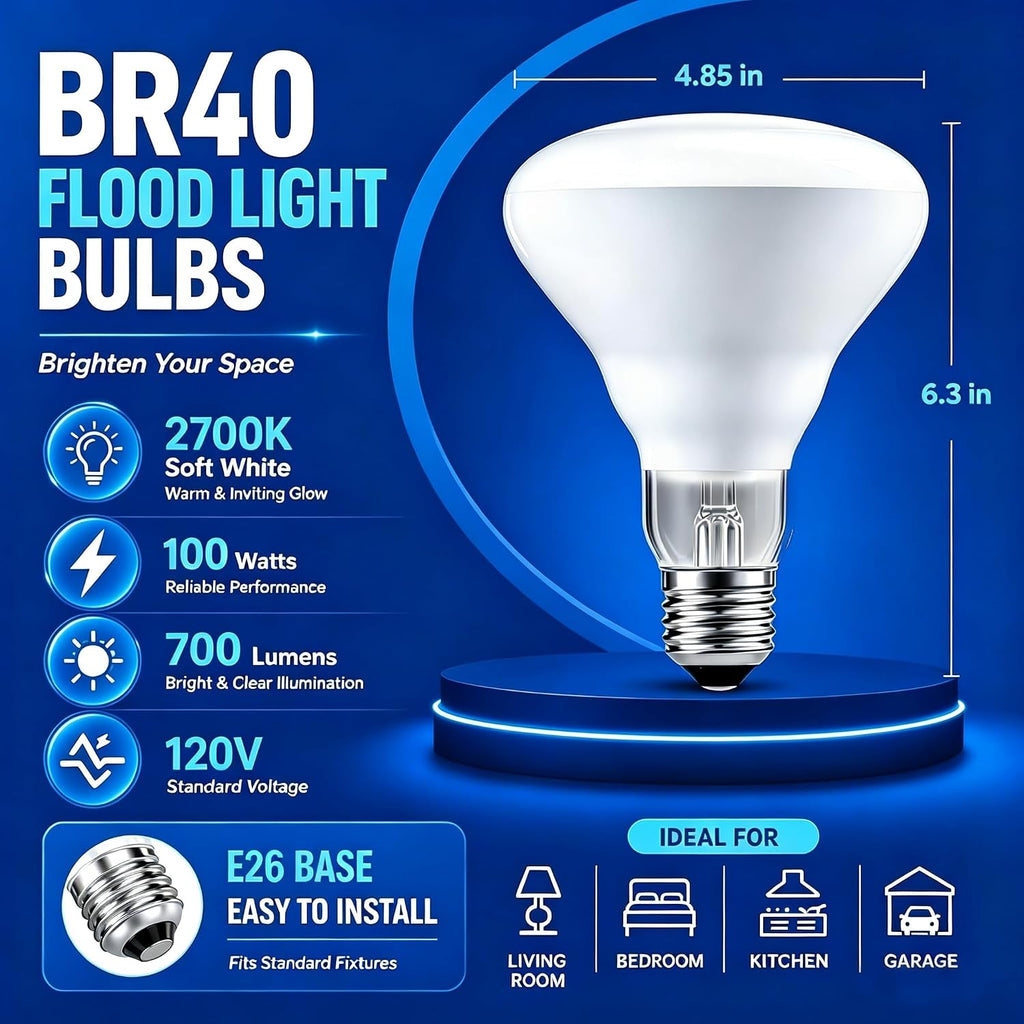 100W BR40 Flood Incandescent Light Bulbs, E26 Base, 4-Pack