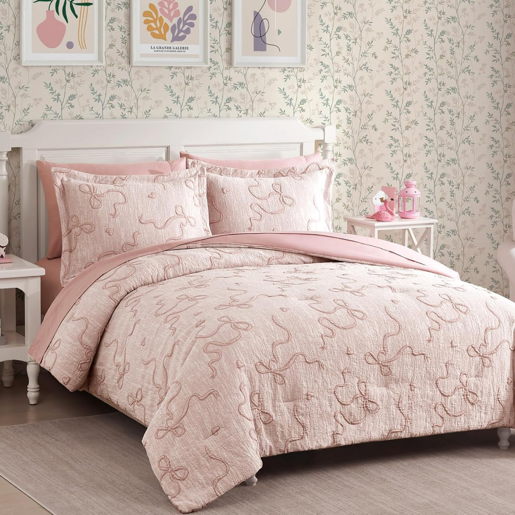 Pink Full Comforter Set for Girls- 7 Pieces Bowknot Jacquard Bed in A Bag Full Bedding Sets with Sheets, Pillowcases