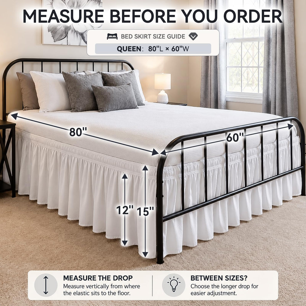 Queen Bed Skirt 15 Inch Drop, Elastic Wrap Around with Split Corners