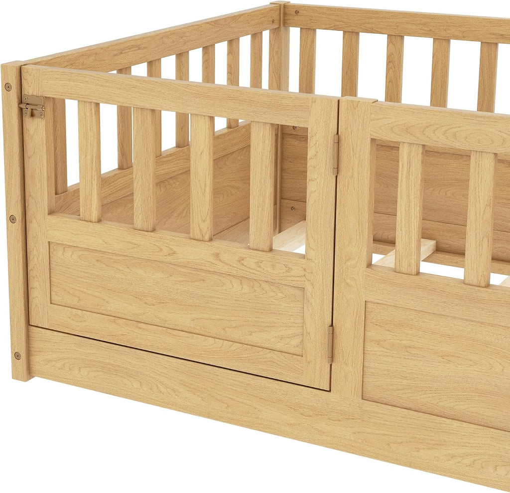 Montessori Floor Bed with High Fence, Slats and Door, Natural