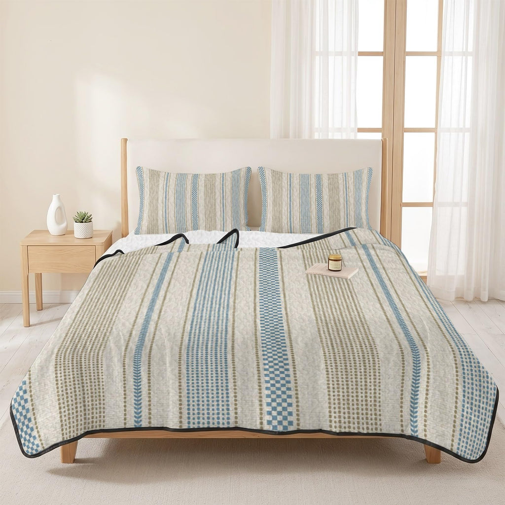 Vintage Striped Quilts Bedding Set Blue Brown Vertical Ticking Stripes French Country Lightweight Quilted