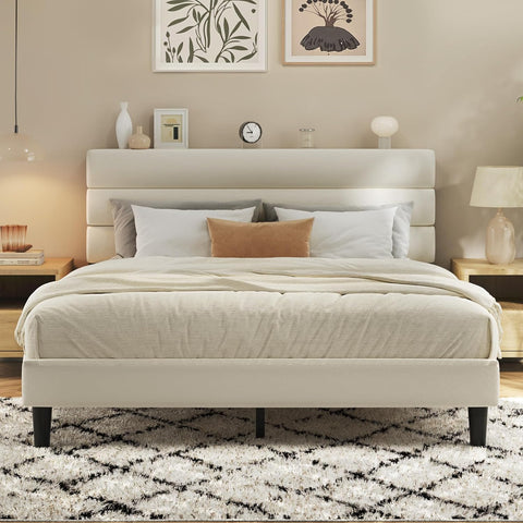Queen Bed Frame, Platform Bed Frame with Velvet Upholstered Headboard, No Box Spring Needed, Sturdy Metal Support