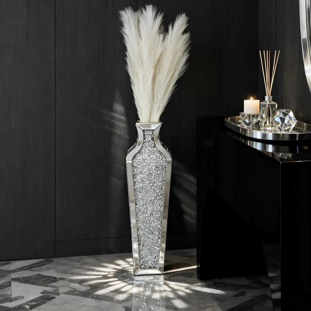 Crushed Diamond Floor Vase with Pampas Grass, Large Silver Mirror Tall Vases for Floor, Modern Luxury Glass Vases